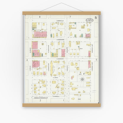 Old map wall art mockup — magnetic wood frame on white wall — Sanborn Fire Insurance Map from Cleburne, Johnson County, Texas (1898), Sheet #0005