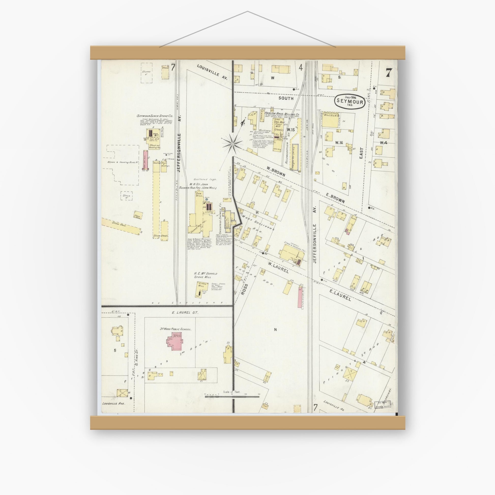 Old map wall art mockup — magnetic wood frame on white wall — Sanborn Fire Insurance Map from Seymour, Jackson County, Indiana (1896), Sheet #0007