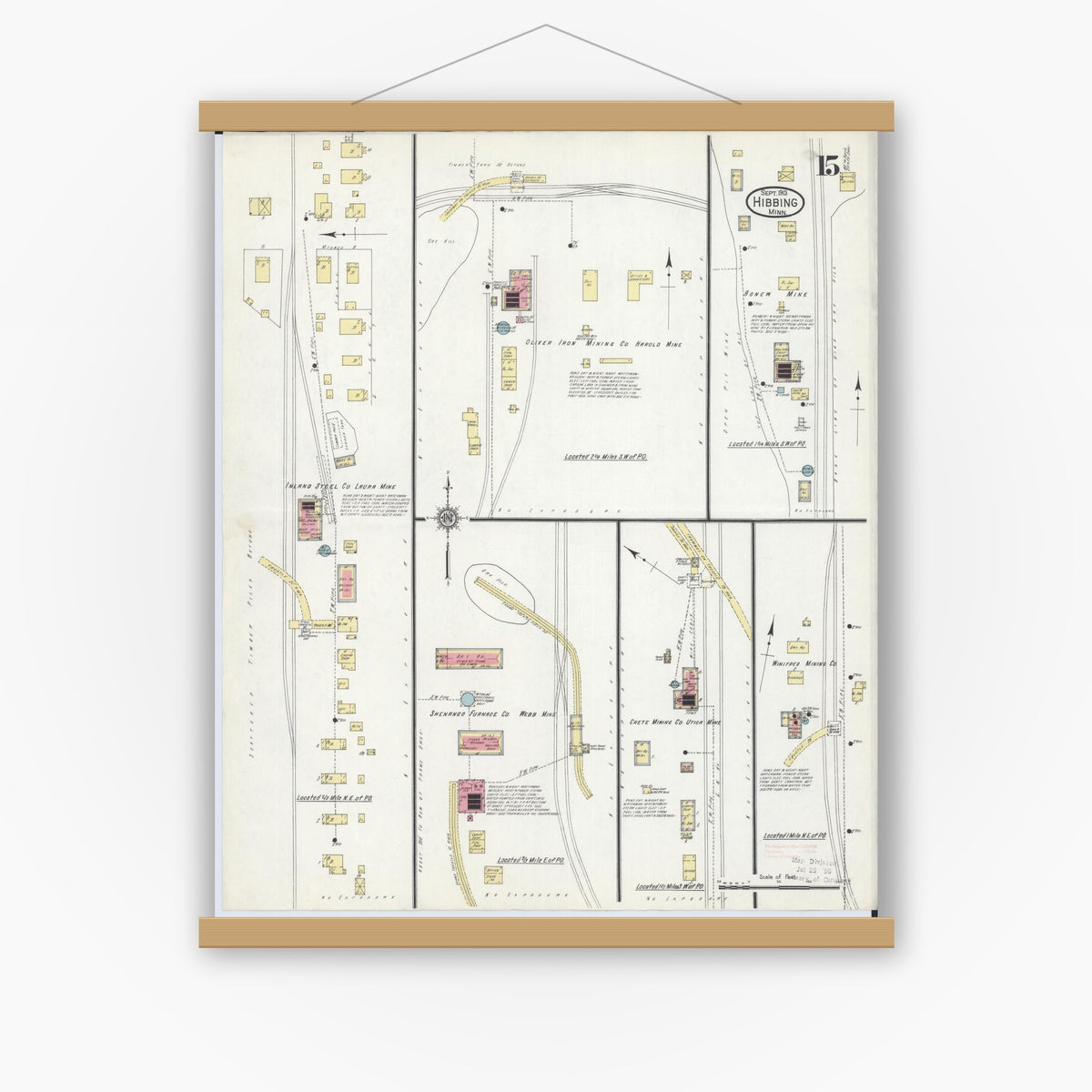Old map wall art mockup — magnetic wood frame on white wall — Sanborn Fire Insurance Map from Hibbing, Saint Louis County, Minnesota (1913), Sheet #0015