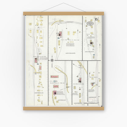 Old map wall art mockup — magnetic wood frame on white wall — Sanborn Fire Insurance Map from Hibbing, Saint Louis County, Minnesota (1913), Sheet #0015