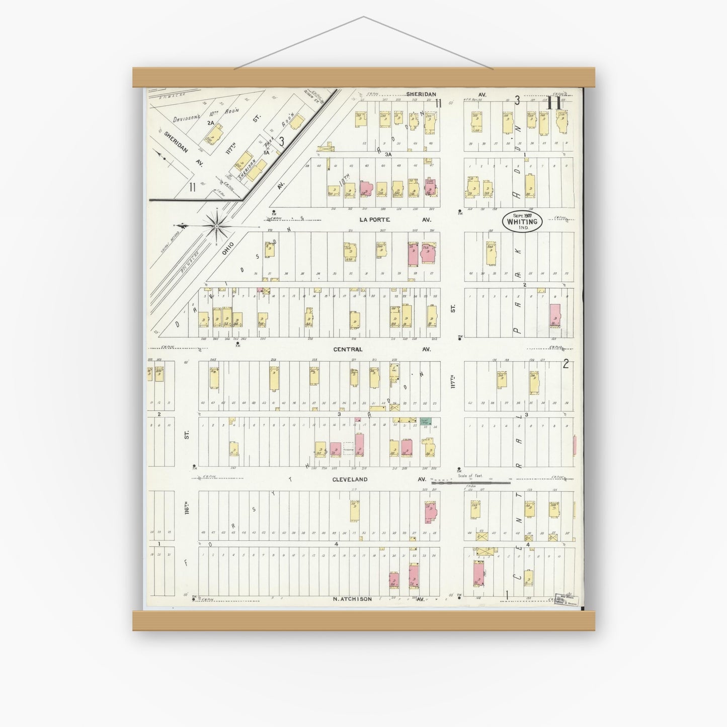 Old map wall art mockup — magnetic wood frame on white wall — Sanborn Fire Insurance Map from Whiting, Lake County, Indiana (1907), Sheet #0011
