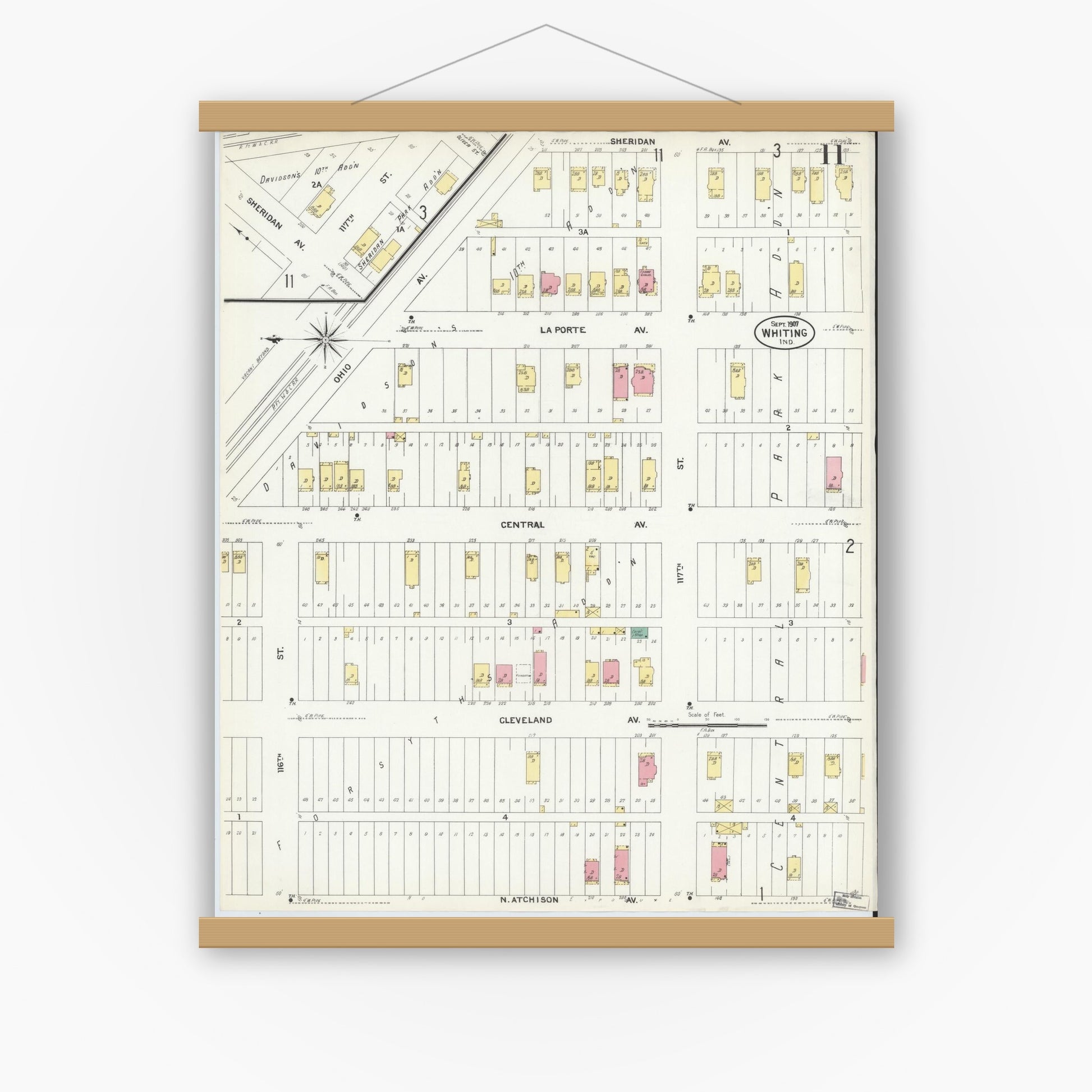 Old map wall art mockup — magnetic wood frame on white wall — Sanborn Fire Insurance Map from Whiting, Lake County, Indiana (1907), Sheet #0011