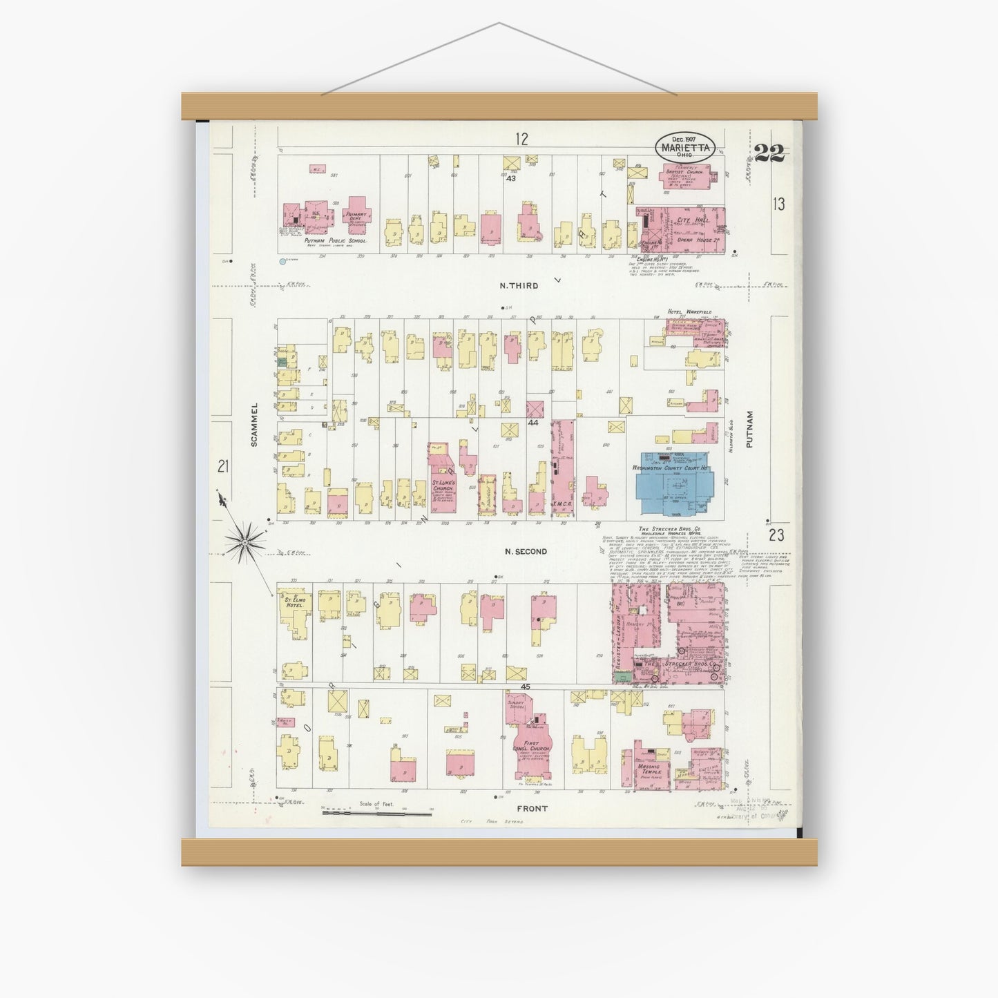Old map wall art mockup — magnetic wood frame on white wall — Sanborn Fire Insurance Map from Marietta, Washington County, Ohio (1907), Sheet #0022
