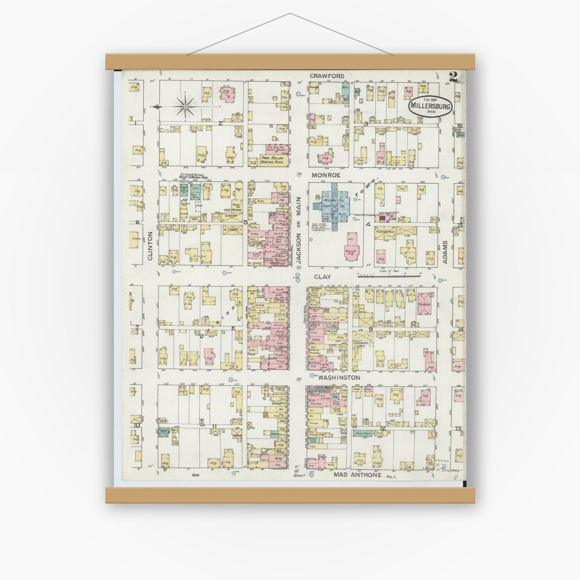 Old map wall art mockup — magnetic wood frame on white wall — Sanborn Fire Insurance Map from Millersburg, Holmes County, Ohio (1887), Sheet #0002