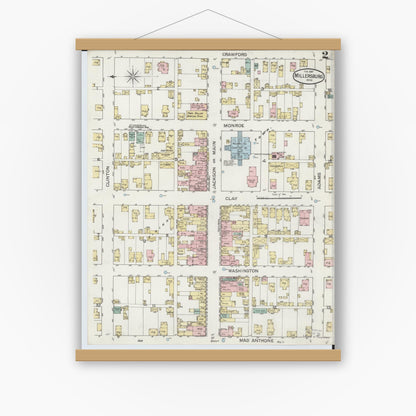 Old map wall art mockup — magnetic wood frame on white wall — Sanborn Fire Insurance Map from Millersburg, Holmes County, Ohio (1887), Sheet #0002