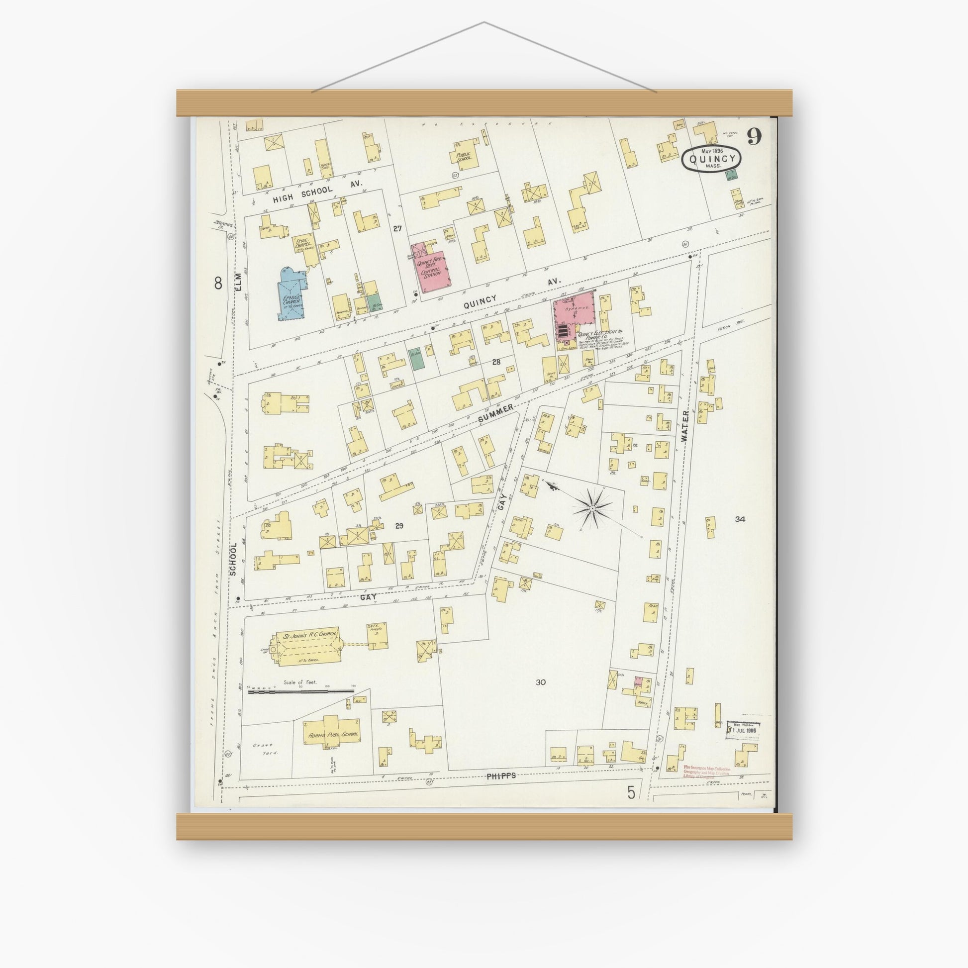Old map wall art mockup — magnetic wood frame on white wall — Sanborn Fire Insurance Map from Quincy, Norfolk County, Massachusetts (1896), Sheet #0009