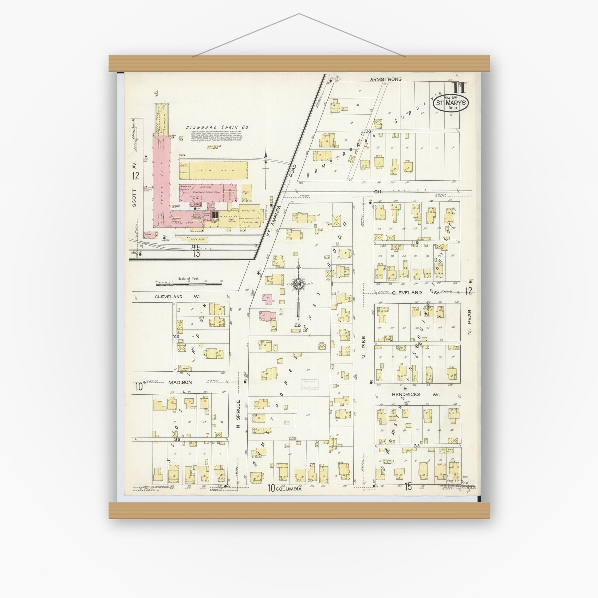 Old map wall art mockup — magnetic wood frame on white wall — Sanborn Fire Insurance Map from Saint Marys, Auglaize County, Ohio (1914), Sheet #0011