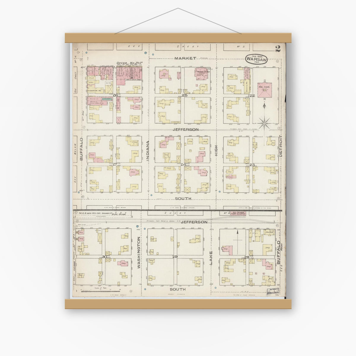 Old map wall art mockup — magnetic wood frame on white wall — Sanborn Fire Insurance Map from Warsaw, Kosciusko County, Indiana (1886), Sheet #0002