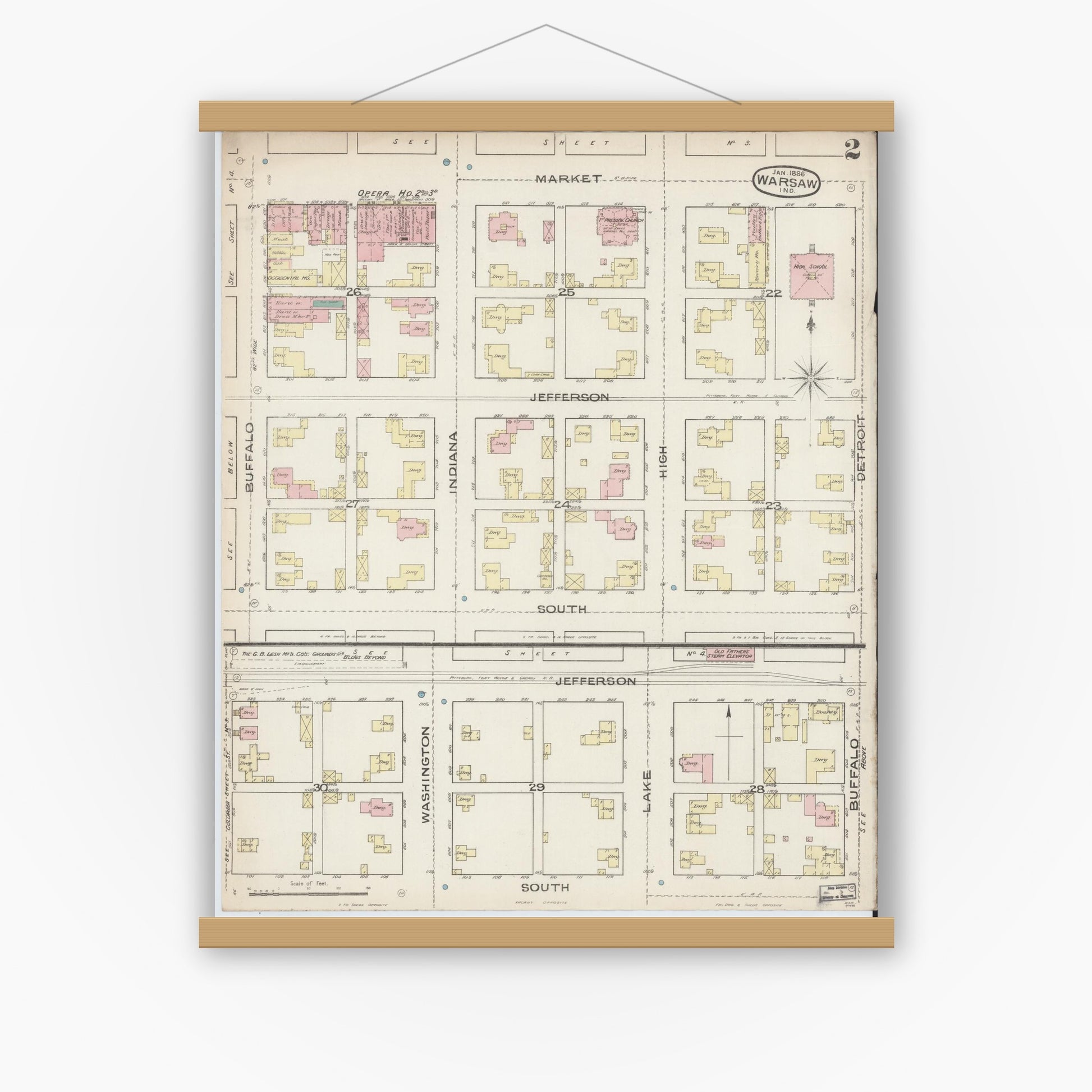 Old map wall art mockup — magnetic wood frame on white wall — Sanborn Fire Insurance Map from Warsaw, Kosciusko County, Indiana (1886), Sheet #0002