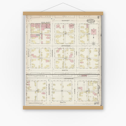 Old map wall art mockup — magnetic wood frame on white wall — Sanborn Fire Insurance Map from Warsaw, Kosciusko County, Indiana (1886), Sheet #0002