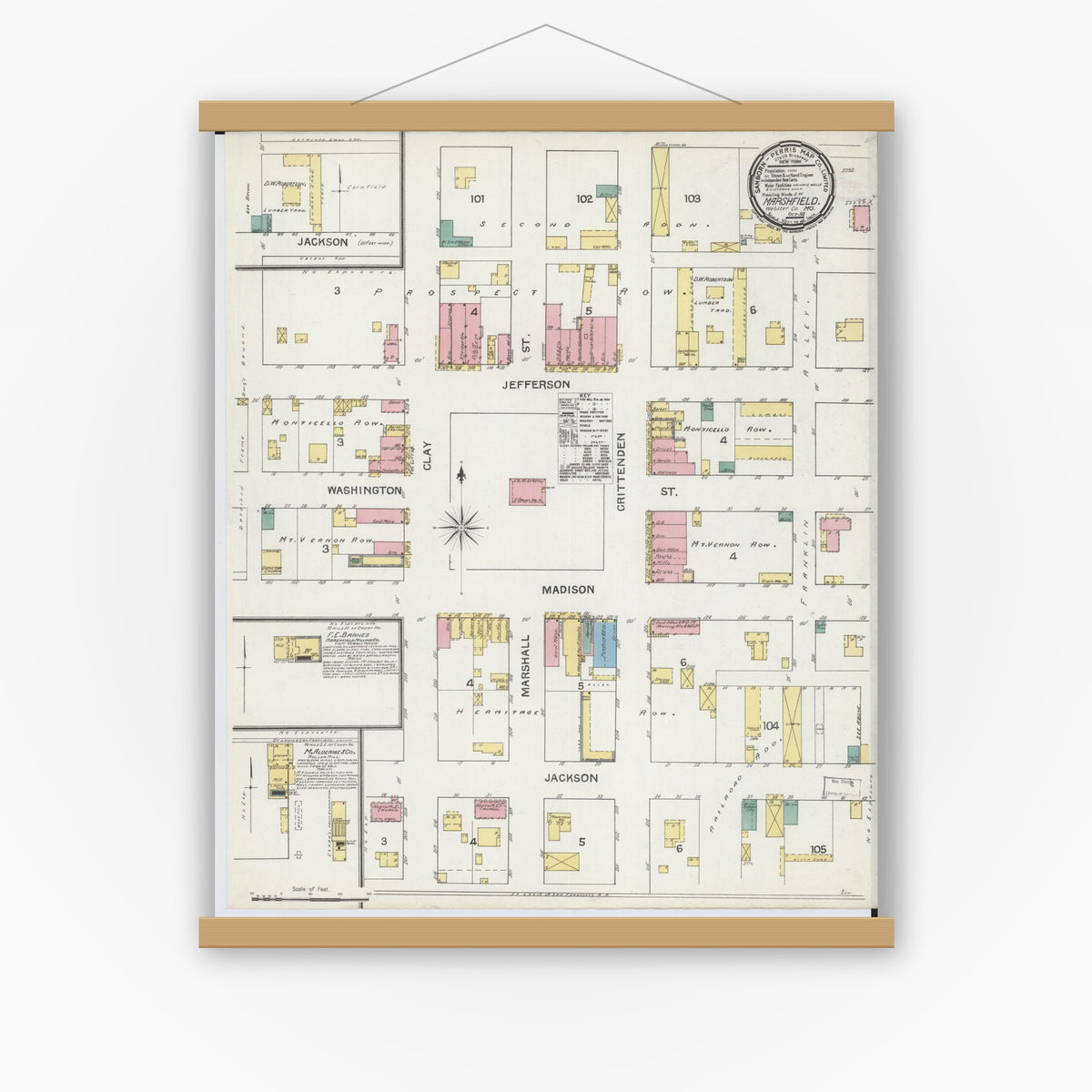 Old map wall art mockup — magnetic wood frame on white wall — Sanborn Fire Insurance Map from Marshfield, Webster County, Missouri (1892), Sheet #0001