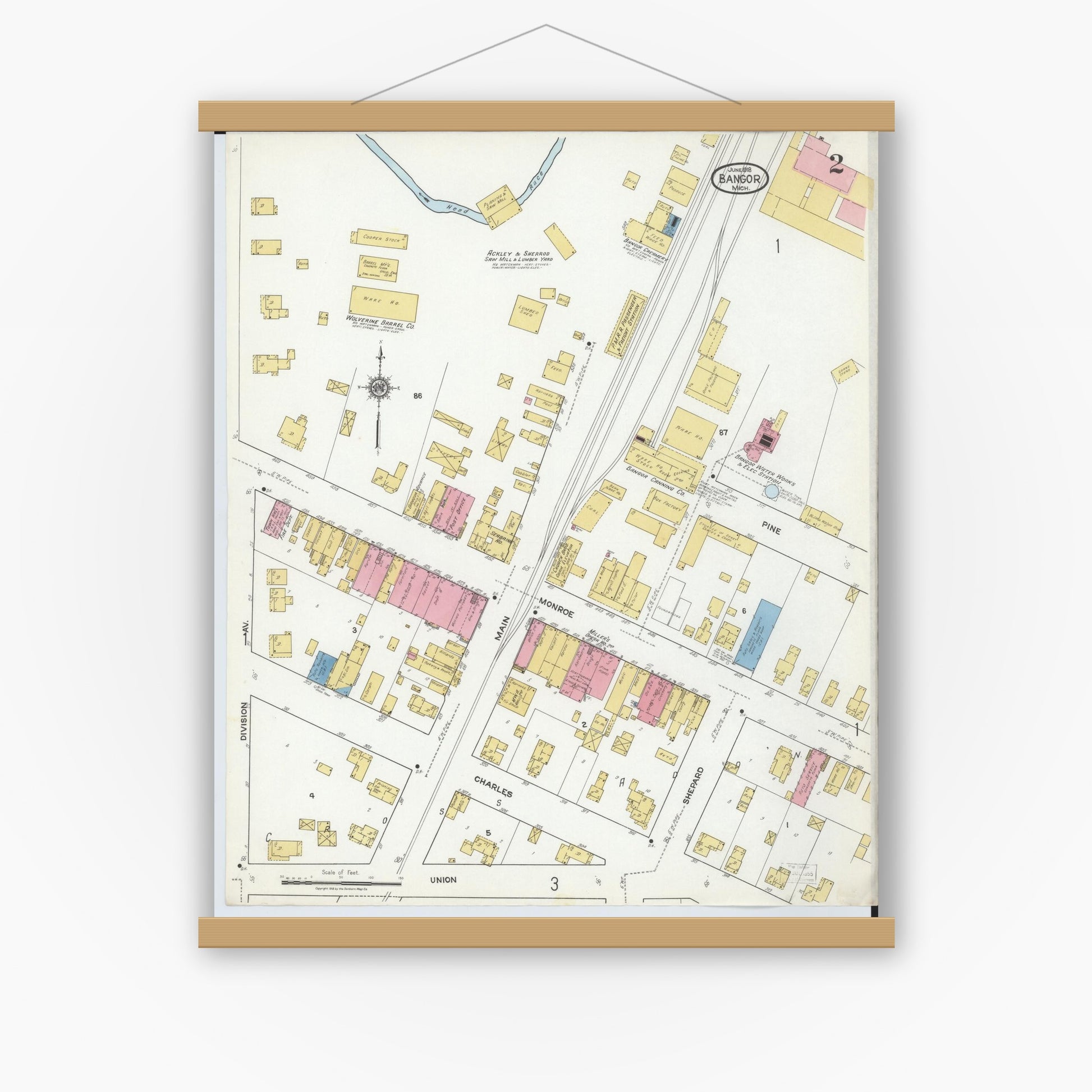 Old map wall art mockup — magnetic wood frame on white wall — Sanborn Fire Insurance Map from Bangor, Van Buren County, Michigan (1918), Sheet #0002