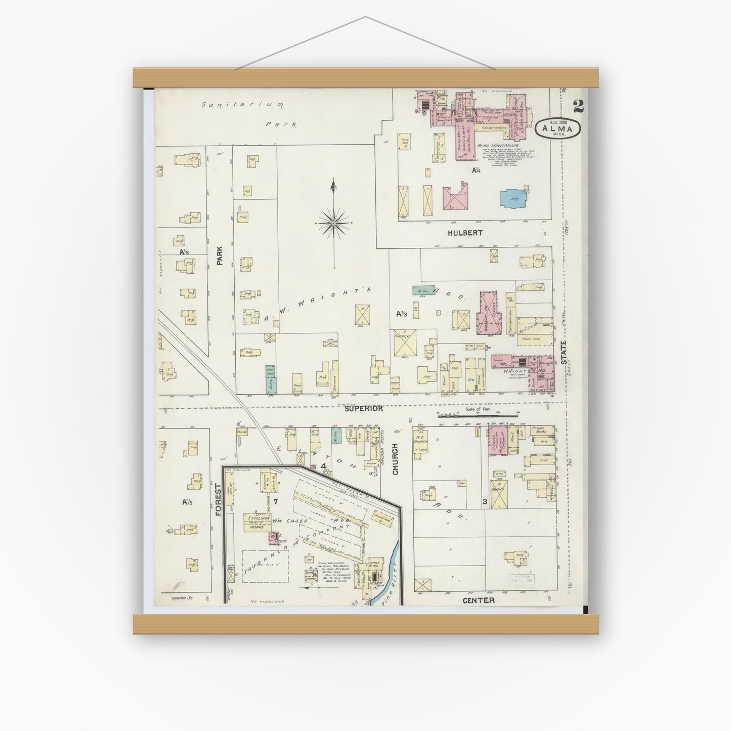 Old map wall art mockup — magnetic wood frame on white wall — Sanborn Fire Insurance Map from Alma, Gratiot County, Michigan (1890), Sheet #0002