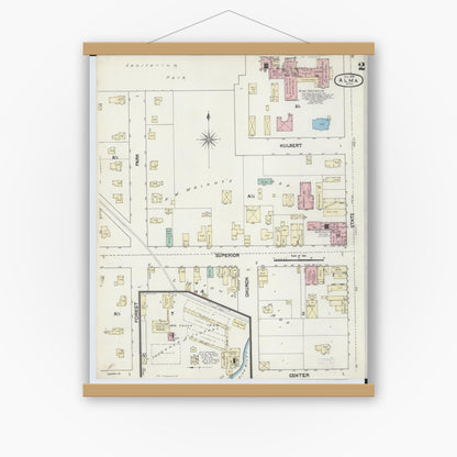 Old map wall art mockup — magnetic wood frame on white wall — Sanborn Fire Insurance Map from Alma, Gratiot County, Michigan (1890), Sheet #0002