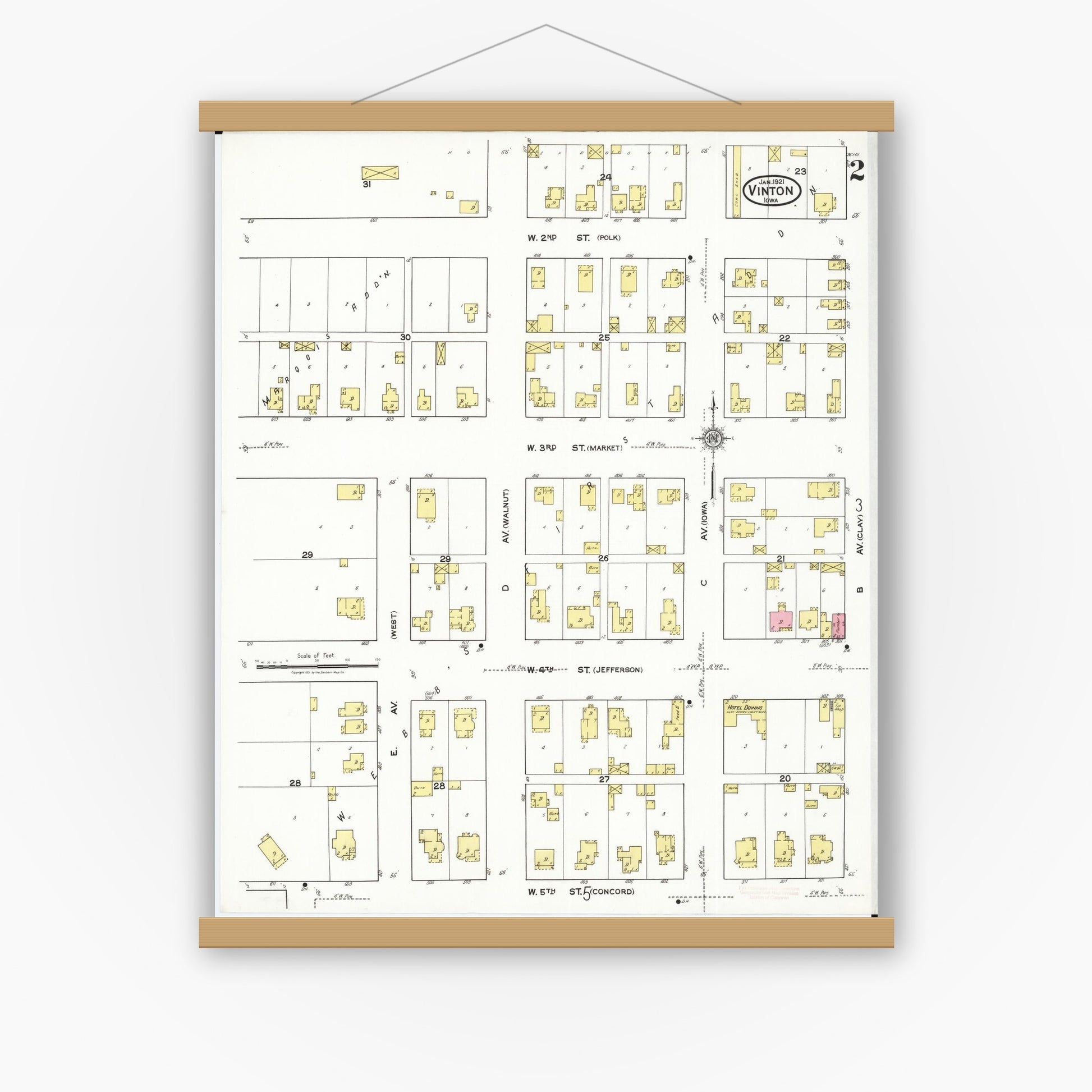 Old map wall art mockup — magnetic wood frame on white wall — Sanborn Fire Insurance Map from Vinton, Benton County, Iowa (1921), Sheet #0002