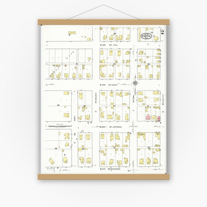 Old map wall art mockup — magnetic wood frame on white wall — Sanborn Fire Insurance Map from Vinton, Benton County, Iowa (1921), Sheet #0002