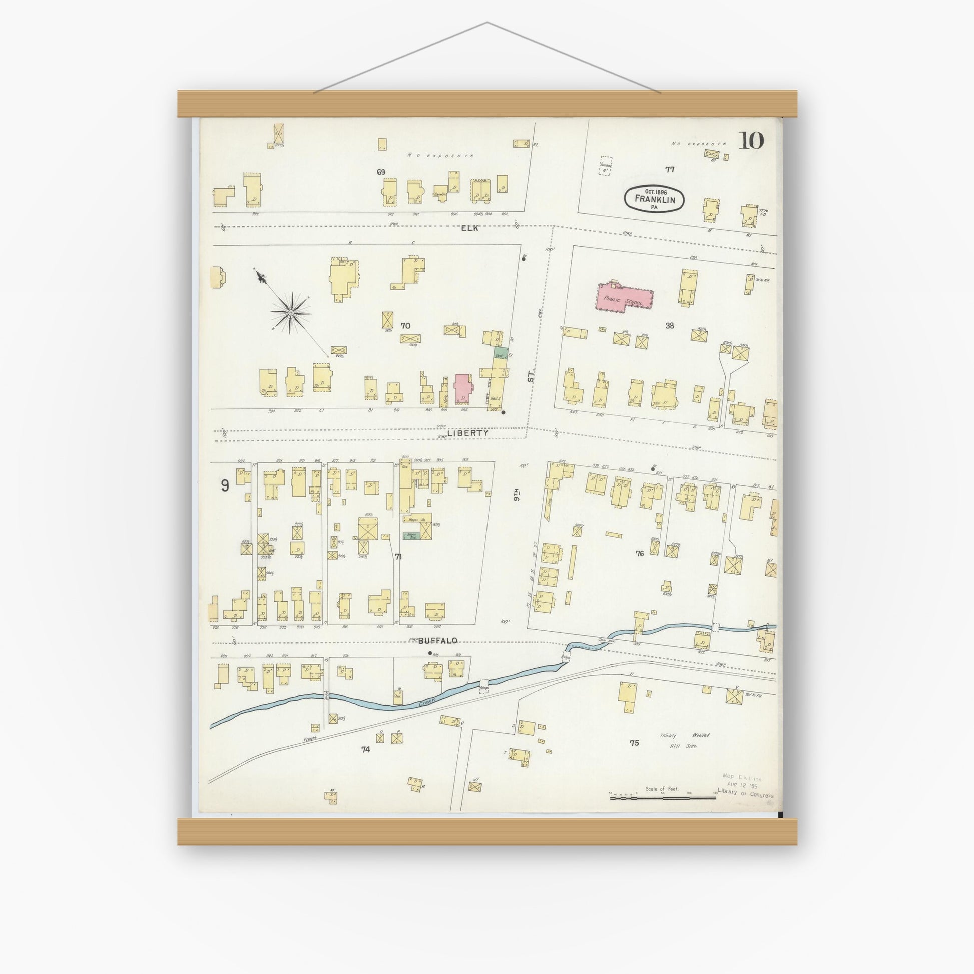 Old map wall art mockup — magnetic wood frame on white wall — Sanborn Fire Insurance Map from Franklin, Venango County, Pennsylvania (1896), Sheet #0010