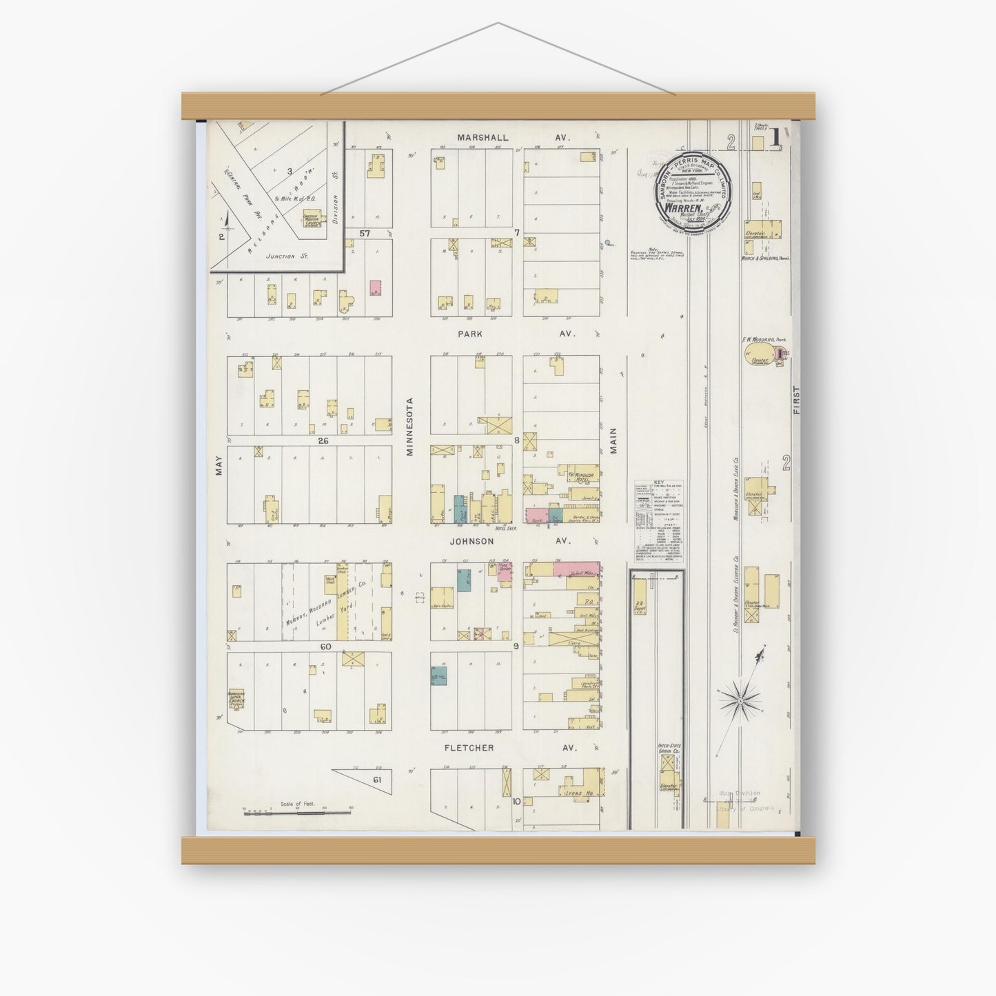 Old map wall art mockup — magnetic wood frame on white wall — Sanborn Fire Insurance Map from Warren, Marshall County, Minnesota (1894), Sheet #0001