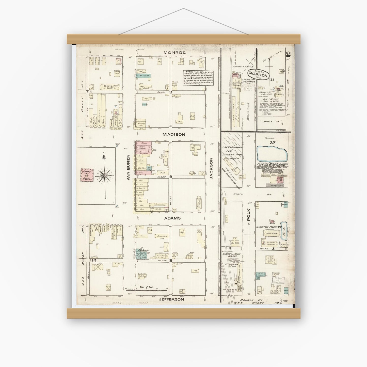 Old map wall art mockup — magnetic wood frame on white wall — Sanborn Fire Insurance Map from Chariton, Lucas County, Iowa (1883), Sheet #0002