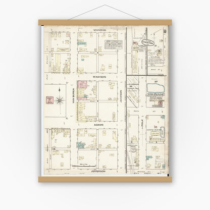 Old map wall art mockup — magnetic wood frame on white wall — Sanborn Fire Insurance Map from Chariton, Lucas County, Iowa (1883), Sheet #0002