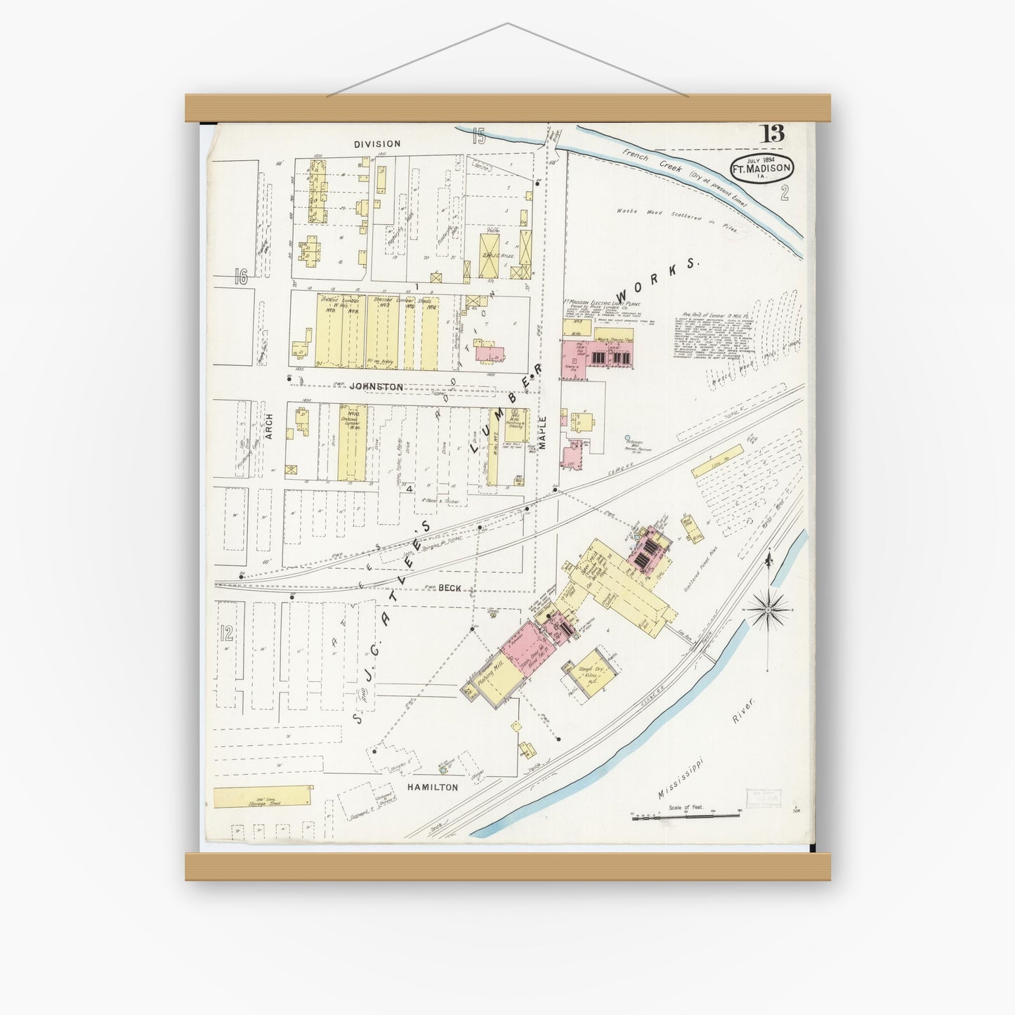 Old map wall art mockup — magnetic wood frame on white wall — Sanborn Fire Insurance Map from Fort Madison, Lee County, Iowa (1894), Sheet #0013