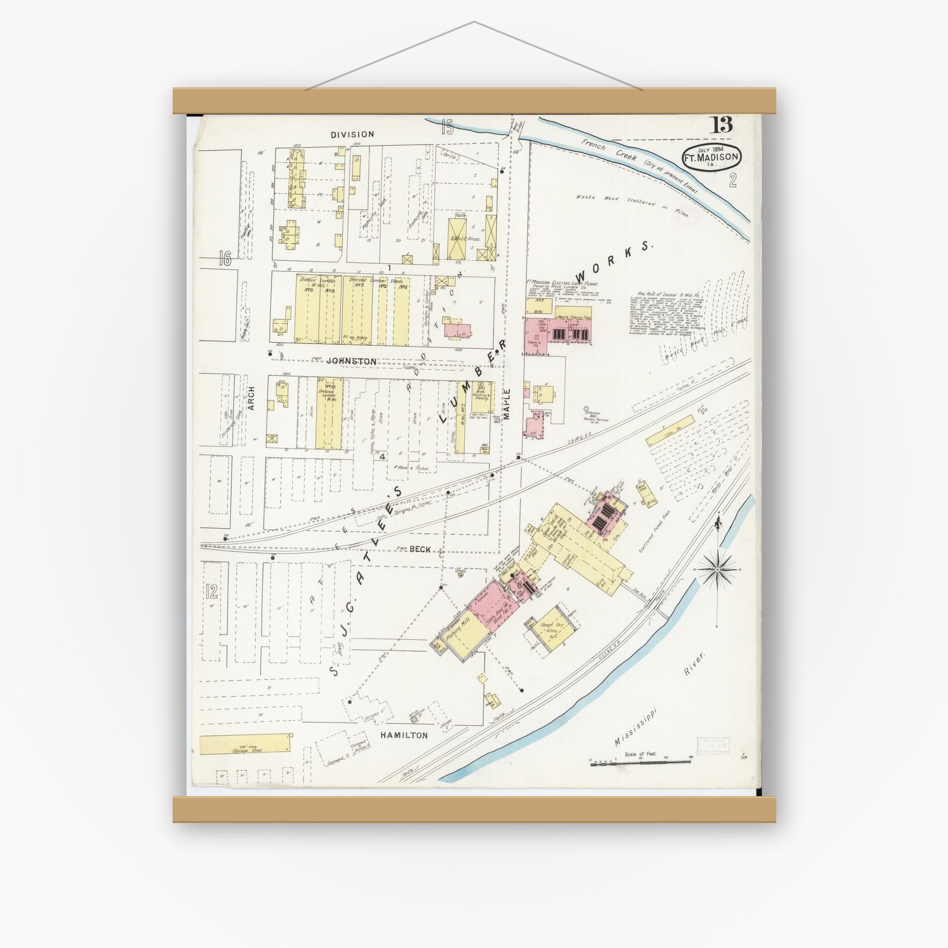 Old map wall art mockup — magnetic wood frame on white wall — Sanborn Fire Insurance Map from Fort Madison, Lee County, Iowa (1894), Sheet #0013
