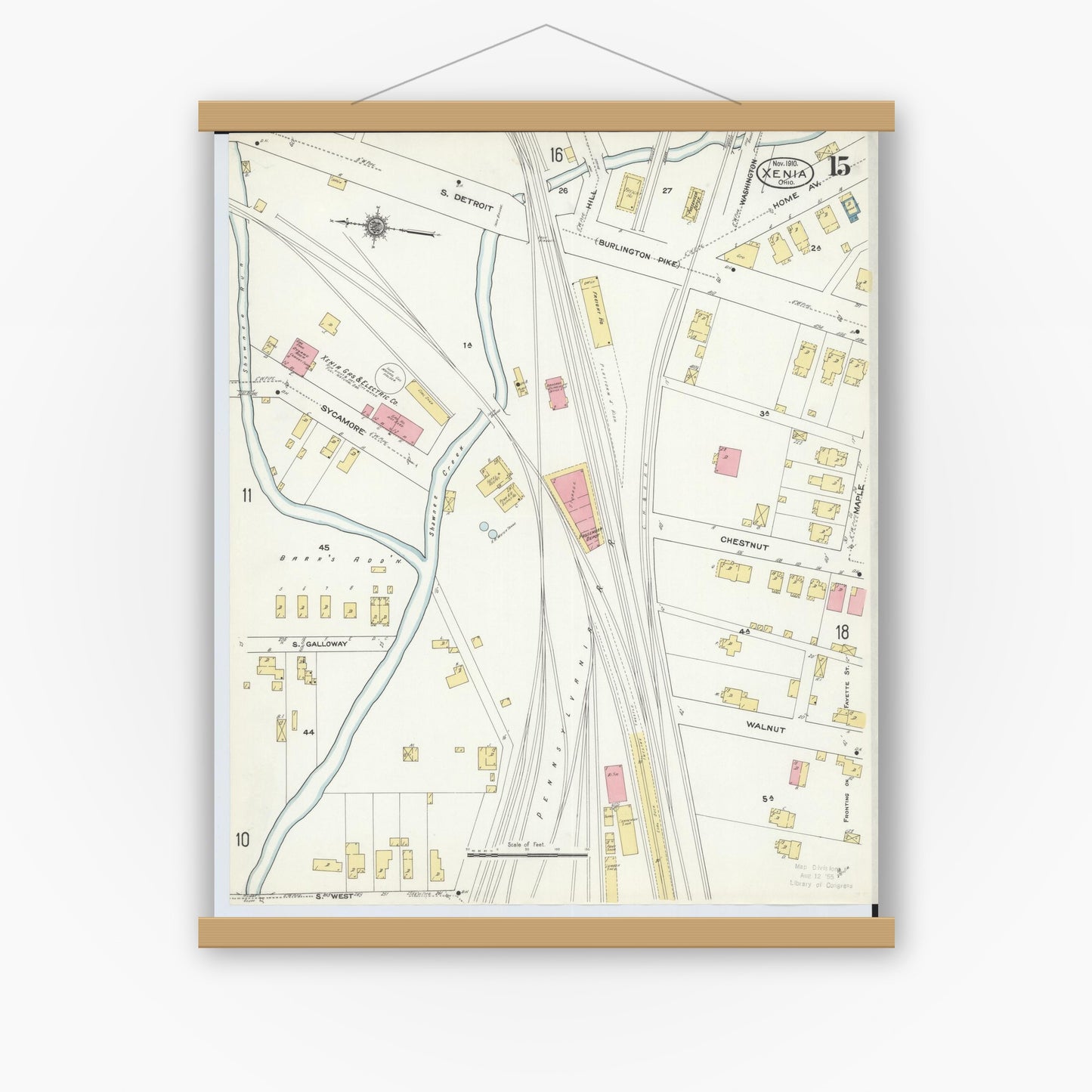 Old map wall art mockup — magnetic wood frame on white wall — Sanborn Fire Insurance Map from Xenia, Greene County, Ohio (1910), Sheet #0015