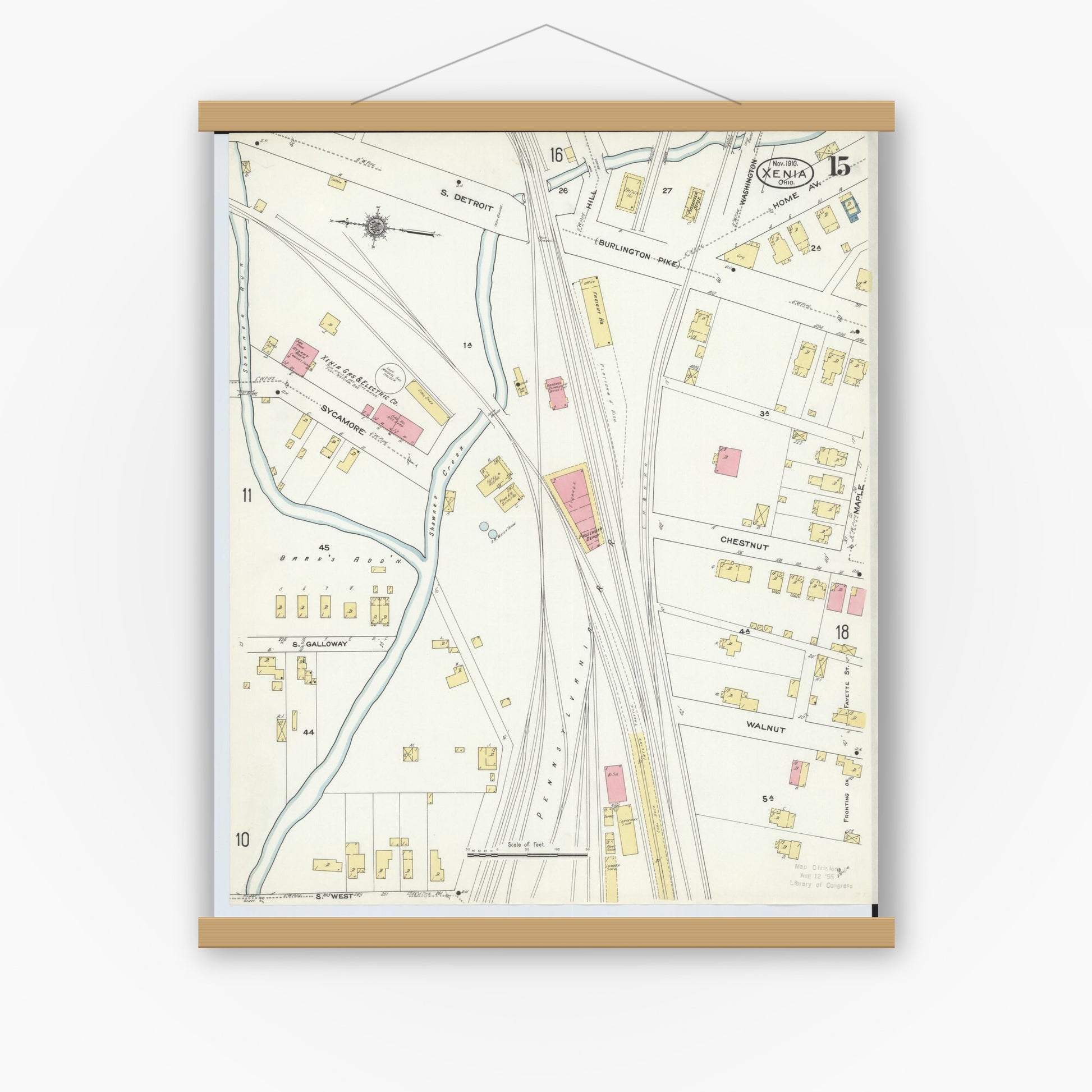 Old map wall art mockup — magnetic wood frame on white wall — Sanborn Fire Insurance Map from Xenia, Greene County, Ohio (1910), Sheet #0015