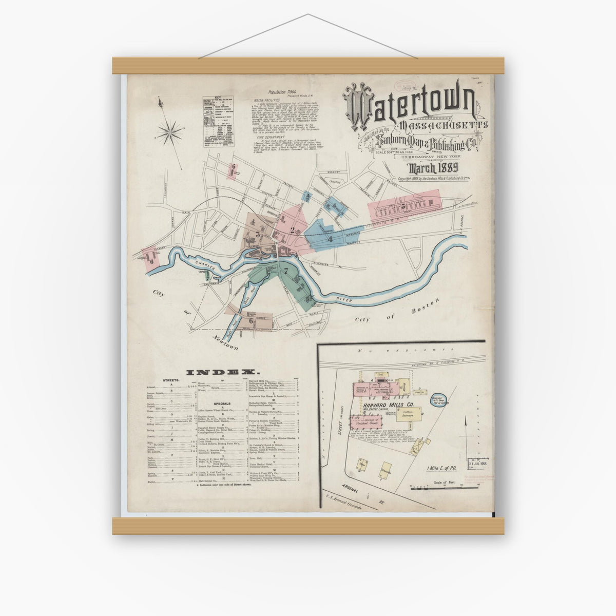 Old map wall art mockup — magnetic wood frame on white wall — Sanborn Fire Insurance Map from Watertown, Middlesex County, Massachusetts (1889) - Complete Map Set