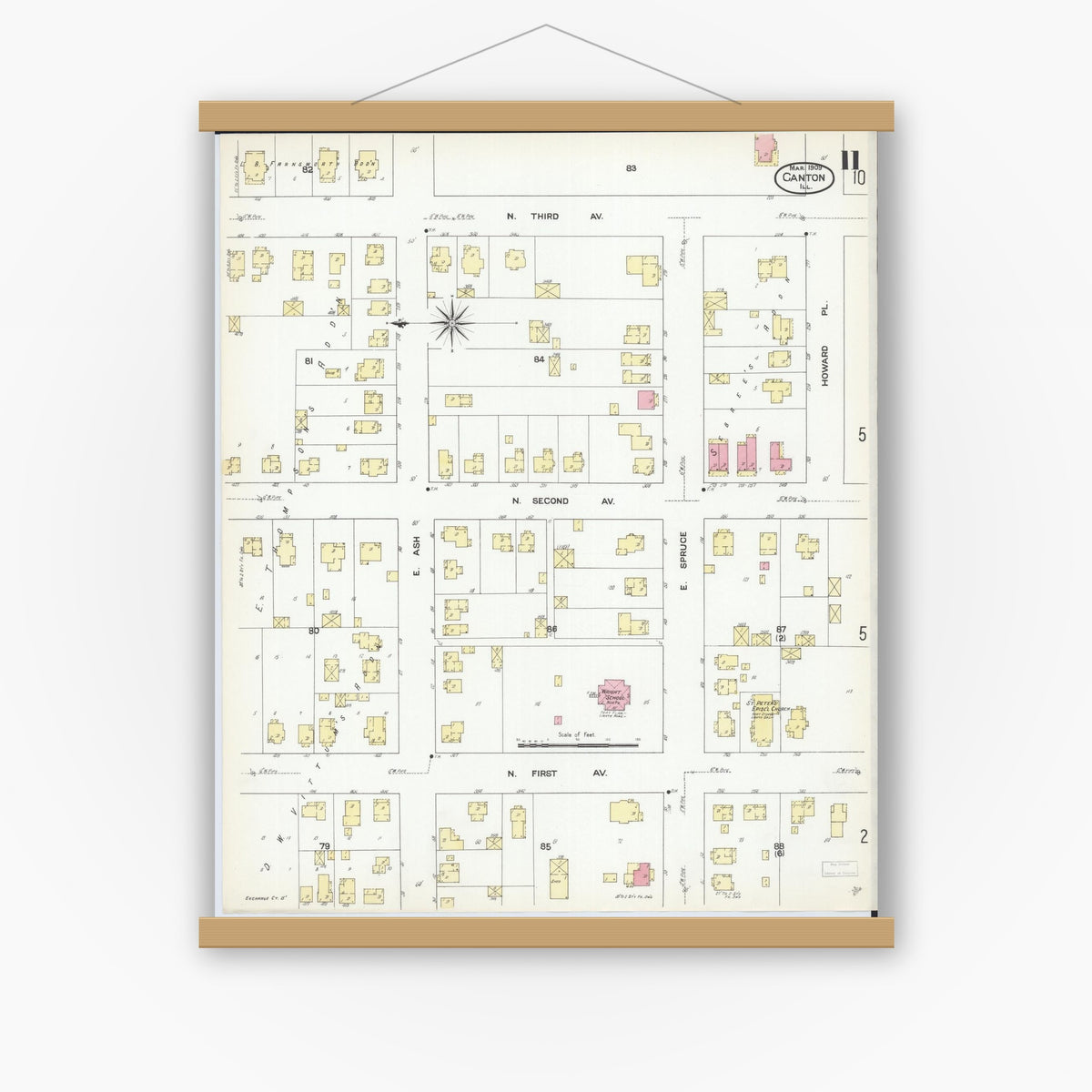 Old map wall art mockup — magnetic wood frame on white wall — Sanborn Fire Insurance Map from Canton, Fulton County, Illinois (1909), Sheet #0011