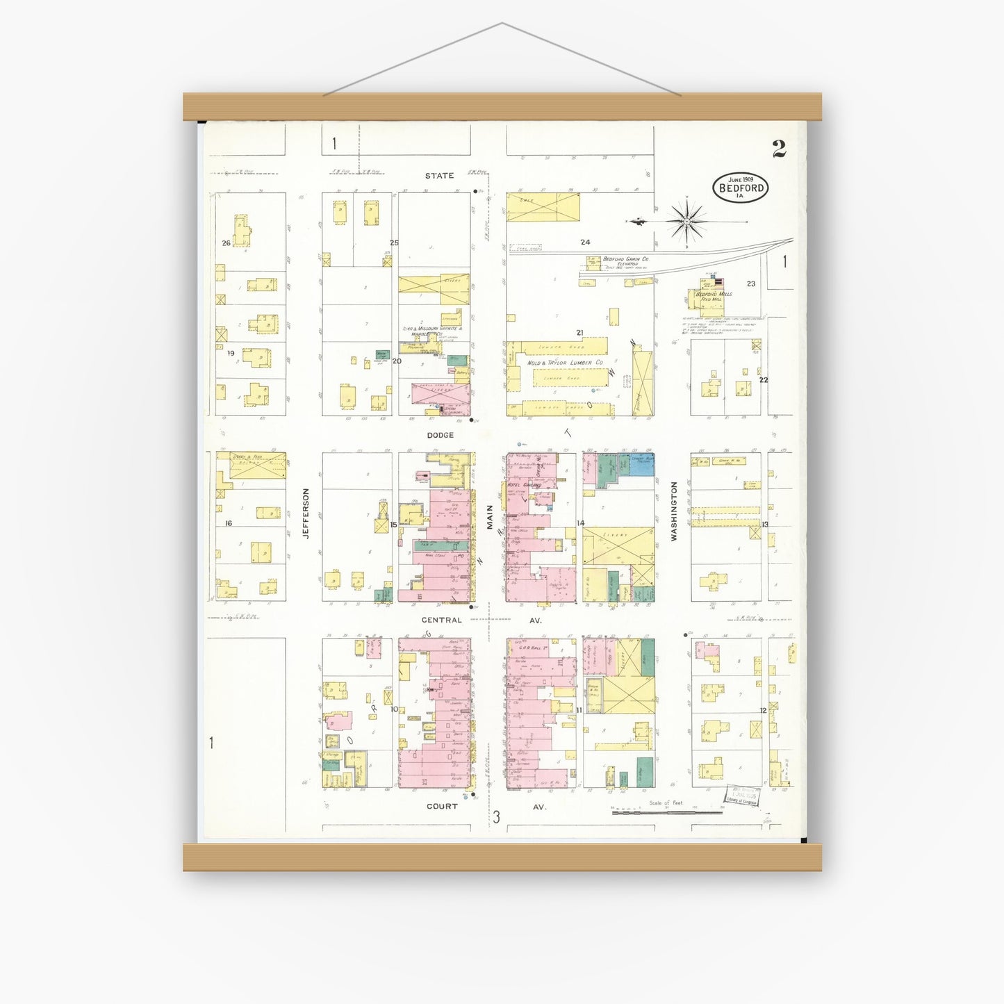 Old map wall art mockup — magnetic wood frame on white wall — Sanborn Fire Insurance Map from Bedford, Taylor County, Iowa (1909), Sheet #0002