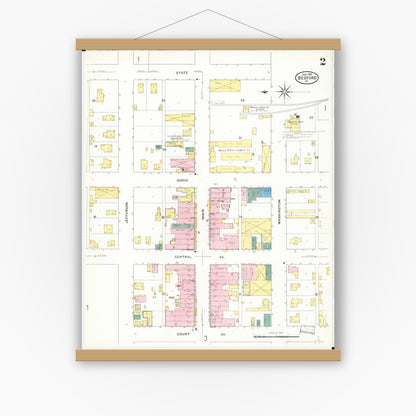 Old map wall art mockup — magnetic wood frame on white wall — Sanborn Fire Insurance Map from Bedford, Taylor County, Iowa (1909), Sheet #0002