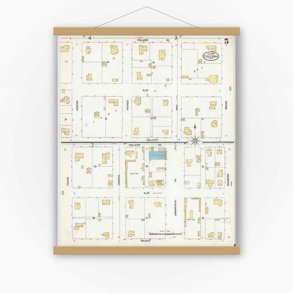 Old map wall art mockup — magnetic wood frame on white wall — Sanborn Fire Insurance Map from Coleman, Coleman County, Texas (1904), Sheet #0005
