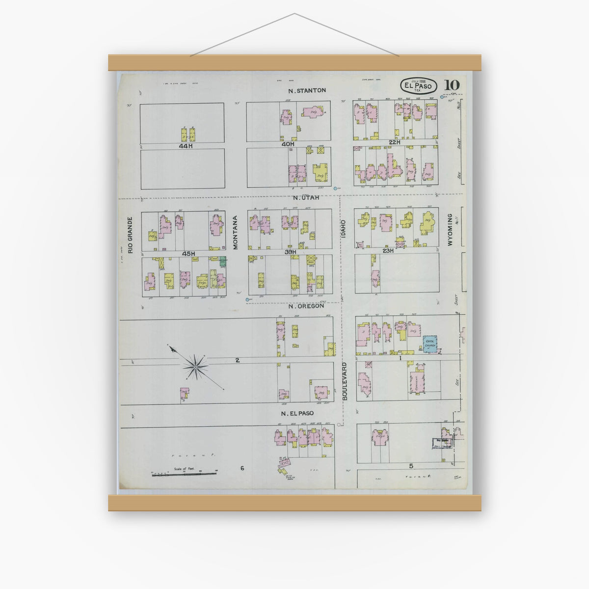Old map wall art mockup — magnetic wood frame on white wall — Sanborn Fire Insurance Map from El Paso, El Paso County, Texas (1888), Sheet #0010