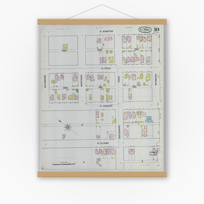 Old map wall art mockup — magnetic wood frame on white wall — Sanborn Fire Insurance Map from El Paso, El Paso County, Texas (1888), Sheet #0010
