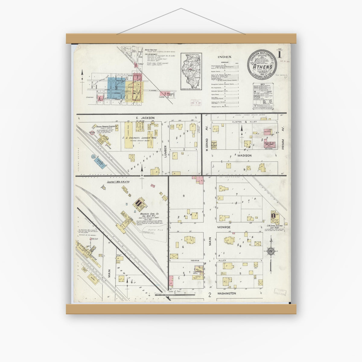 Old map wall art mockup — magnetic wood frame on white wall — Sanborn Fire Insurance Map from Athens, Menard County, Illinois (1914), Sheet #0001