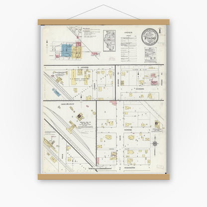 Old map wall art mockup — magnetic wood frame on white wall — Sanborn Fire Insurance Map from Athens, Menard County, Illinois (1914), Sheet #0001
