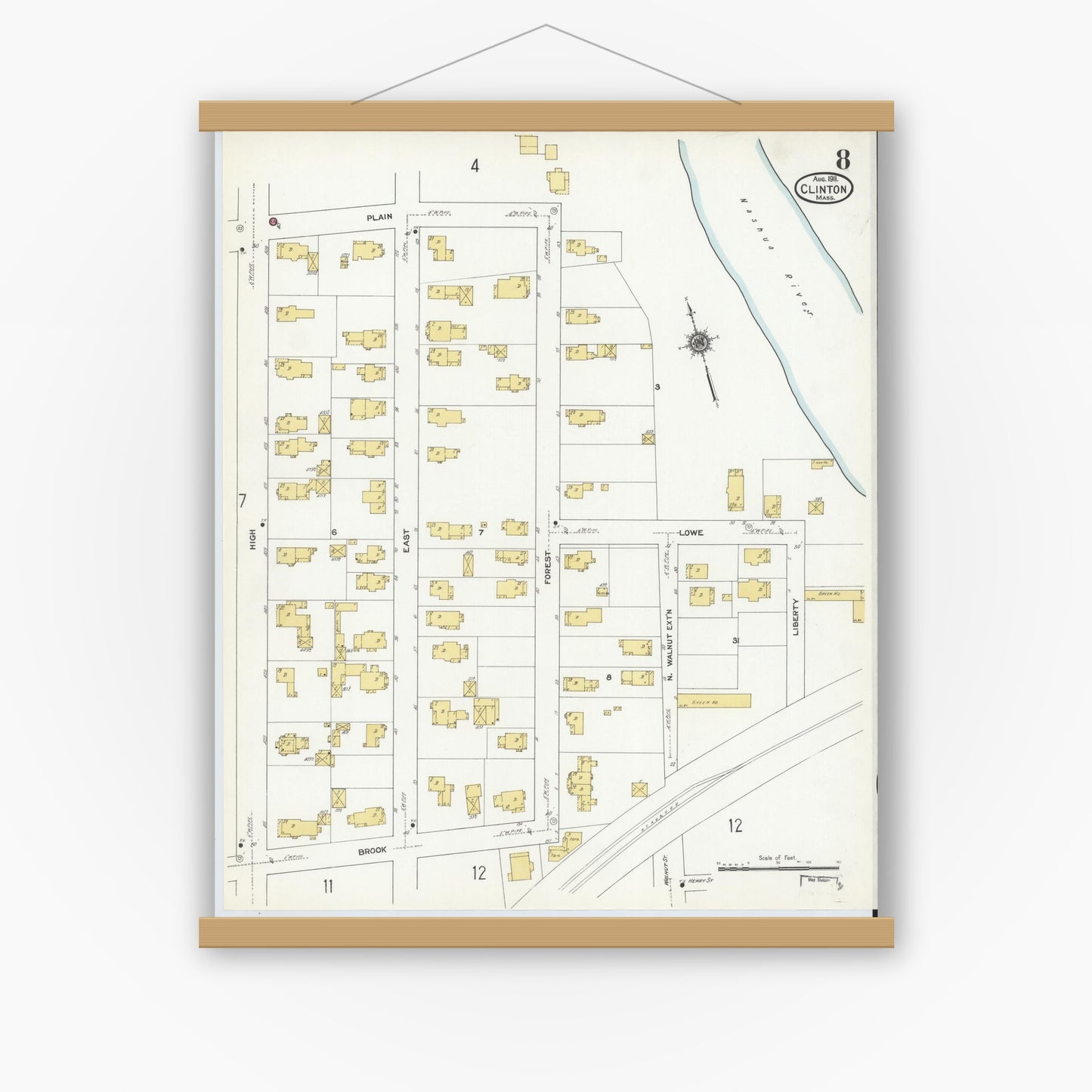 Old map wall art mockup — magnetic wood frame on white wall — Sanborn Fire Insurance Map from Clinton, Worcester County, Massachusetts (1911), Sheet #0008