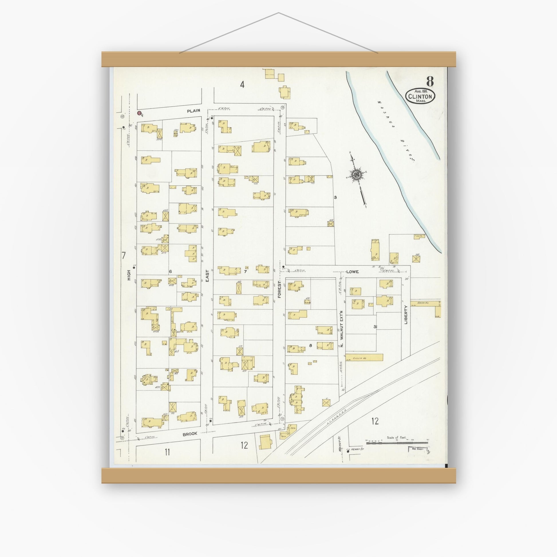 Old map wall art mockup — magnetic wood frame on white wall — Sanborn Fire Insurance Map from Clinton, Worcester County, Massachusetts (1911), Sheet #0008