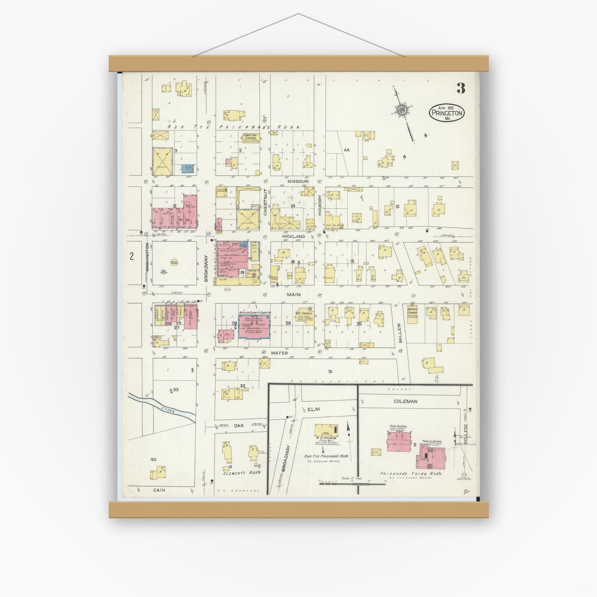Old map wall art mockup — magnetic wood frame on white wall — Sanborn Fire Insurance Map from Princeton, Mercer County, Missouri (1913), Sheet #0003
