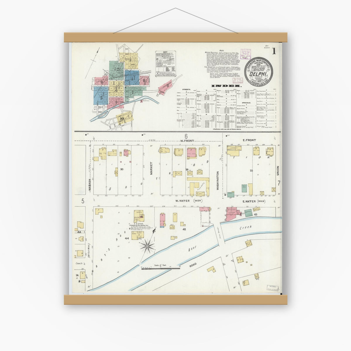 Old map wall art mockup — magnetic wood frame on white wall — Sanborn Fire Insurance Map from Delphi, Carroll County, Indiana (1906), Sheet #0001