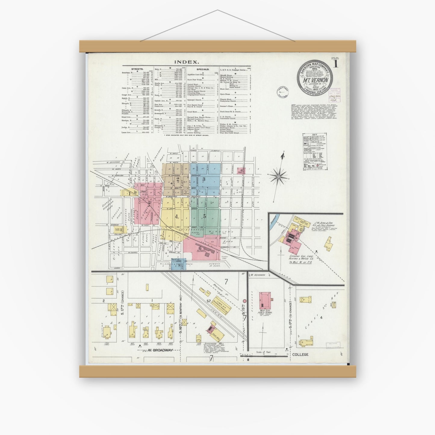 Old map wall art mockup — magnetic wood frame on white wall — Sanborn Fire Insurance Map from Mount Vernon, Jefferson County, Illinois (1902), Sheet #0001