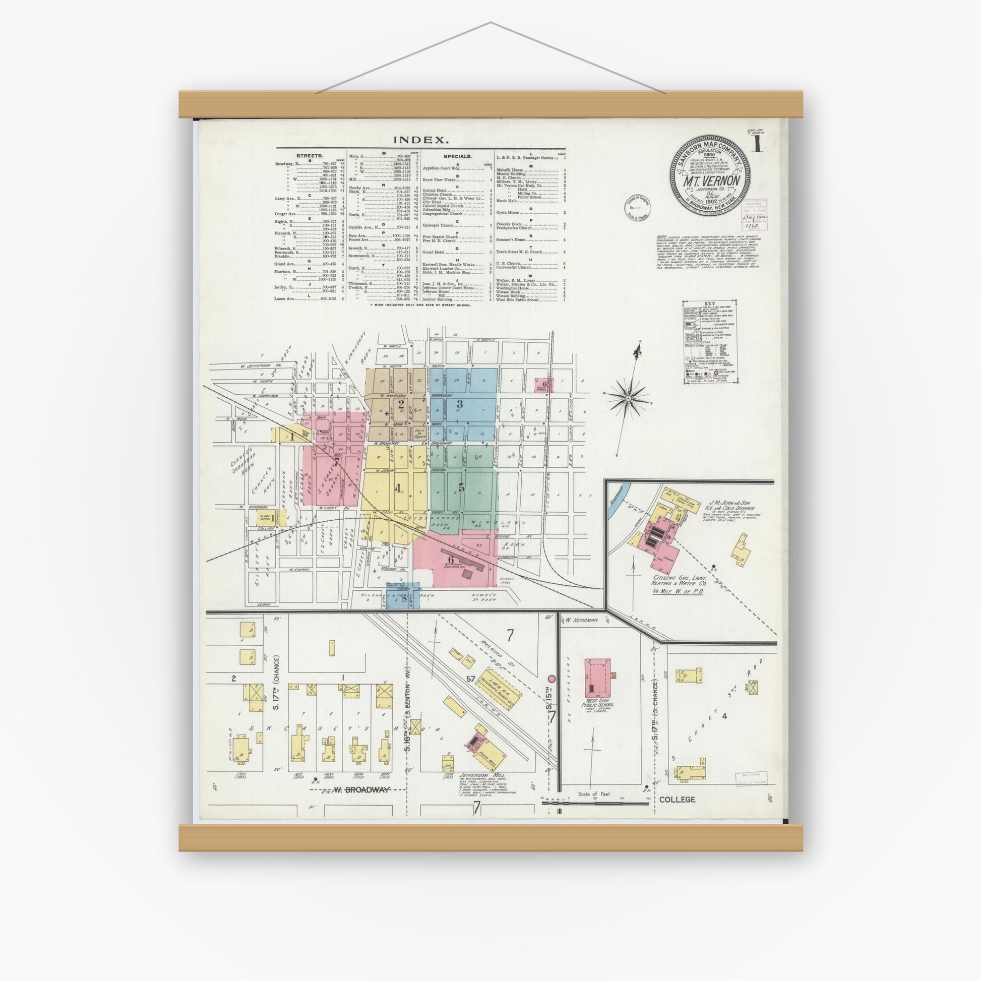 Old map wall art mockup — magnetic wood frame on white wall — Sanborn Fire Insurance Map from Mount Vernon, Jefferson County, Illinois (1902), Sheet #0001