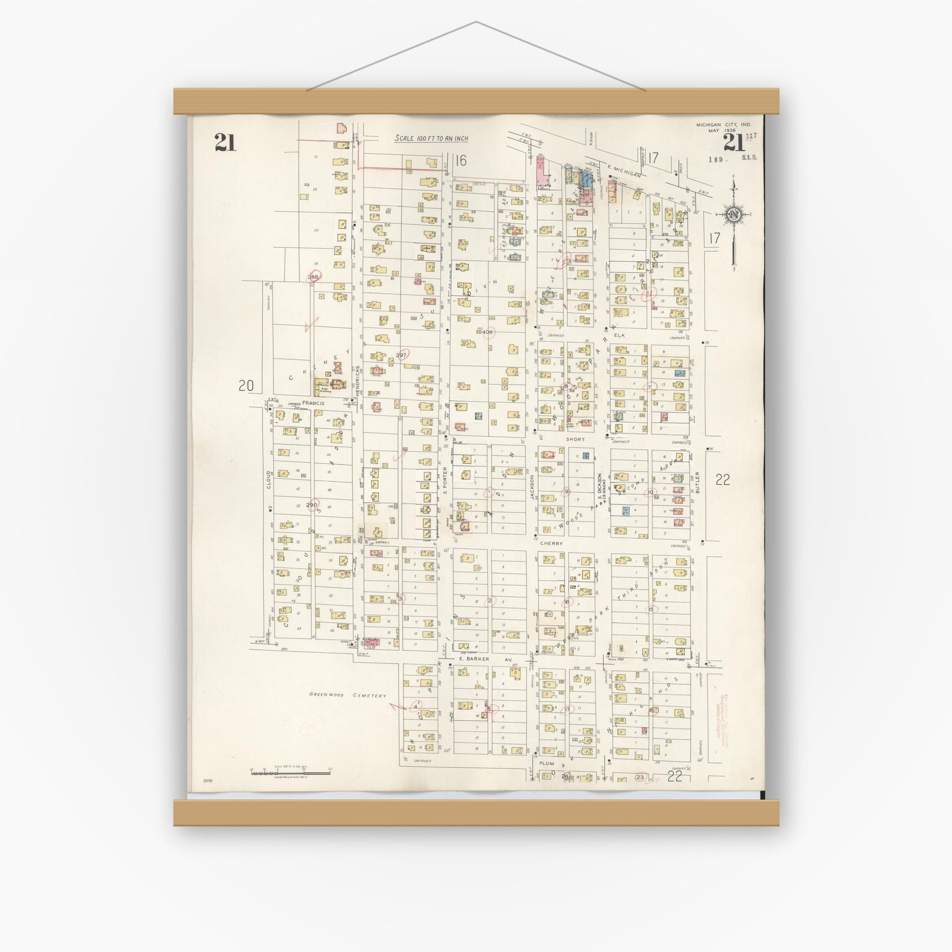 Old map wall art mockup — magnetic wood frame on white wall — Sanborn Fire Insurance Map from Michigan City, La Porte County, Indiana (1948), Sheet #0021