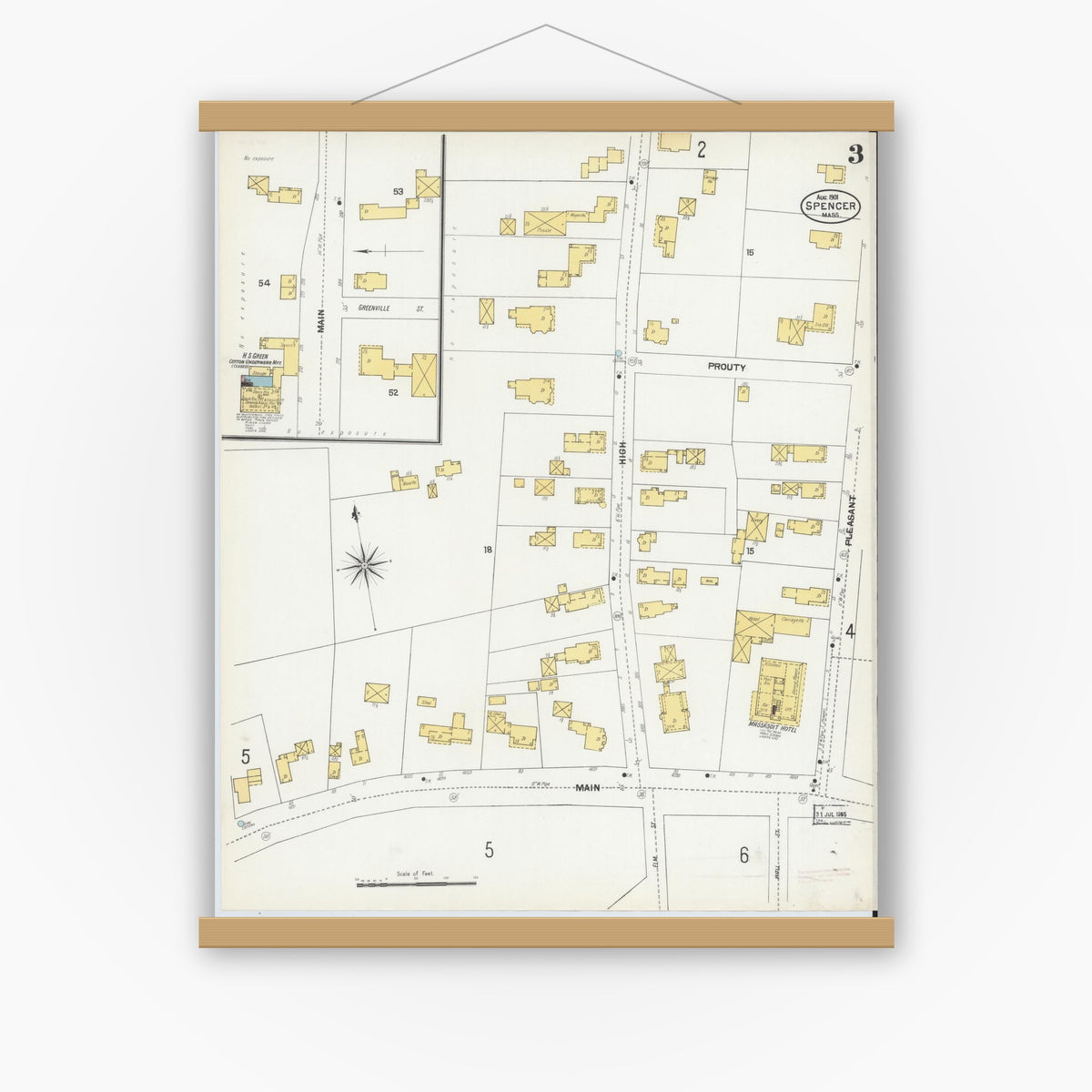 Old map wall art mockup — magnetic wood frame on white wall — Sanborn Fire Insurance Map from Spencer, Worcester County, Massachusetts (1901), Sheet #0003