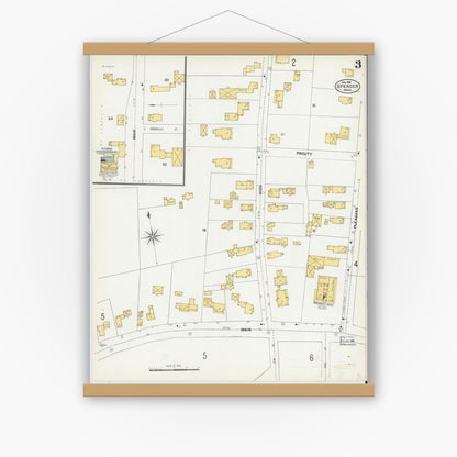 Old map wall art mockup — magnetic wood frame on white wall — Sanborn Fire Insurance Map from Spencer, Worcester County, Massachusetts (1901), Sheet #0003