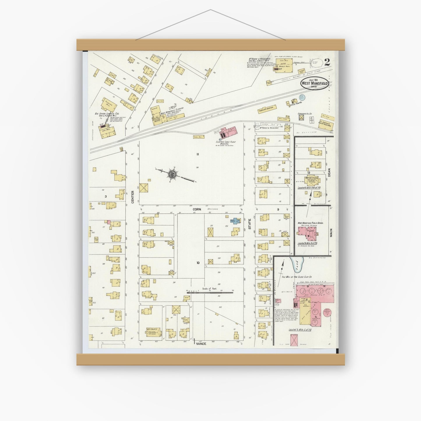 Old map wall art mockup — magnetic wood frame on white wall — Sanborn Fire Insurance Map from West Mansfield, Logan County, Ohio (1911), Sheet #0002
