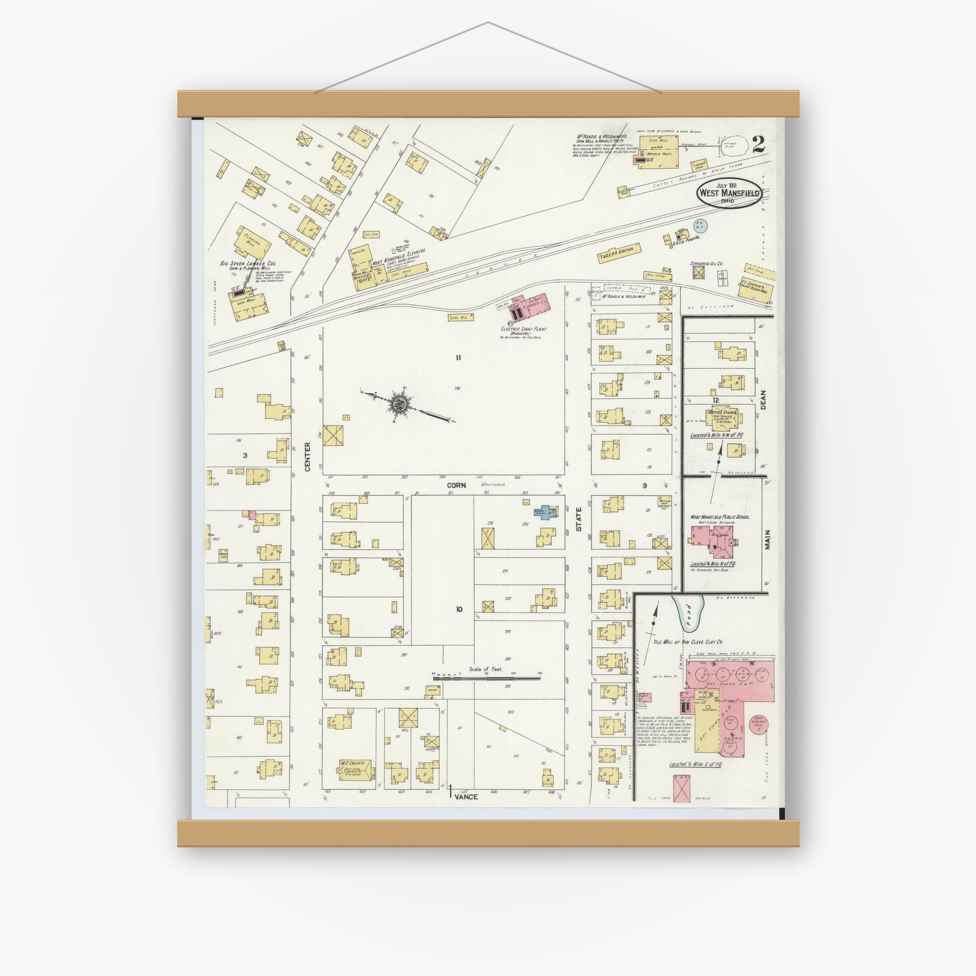Old map wall art mockup — magnetic wood frame on white wall — Sanborn Fire Insurance Map from West Mansfield, Logan County, Ohio (1911), Sheet #0002