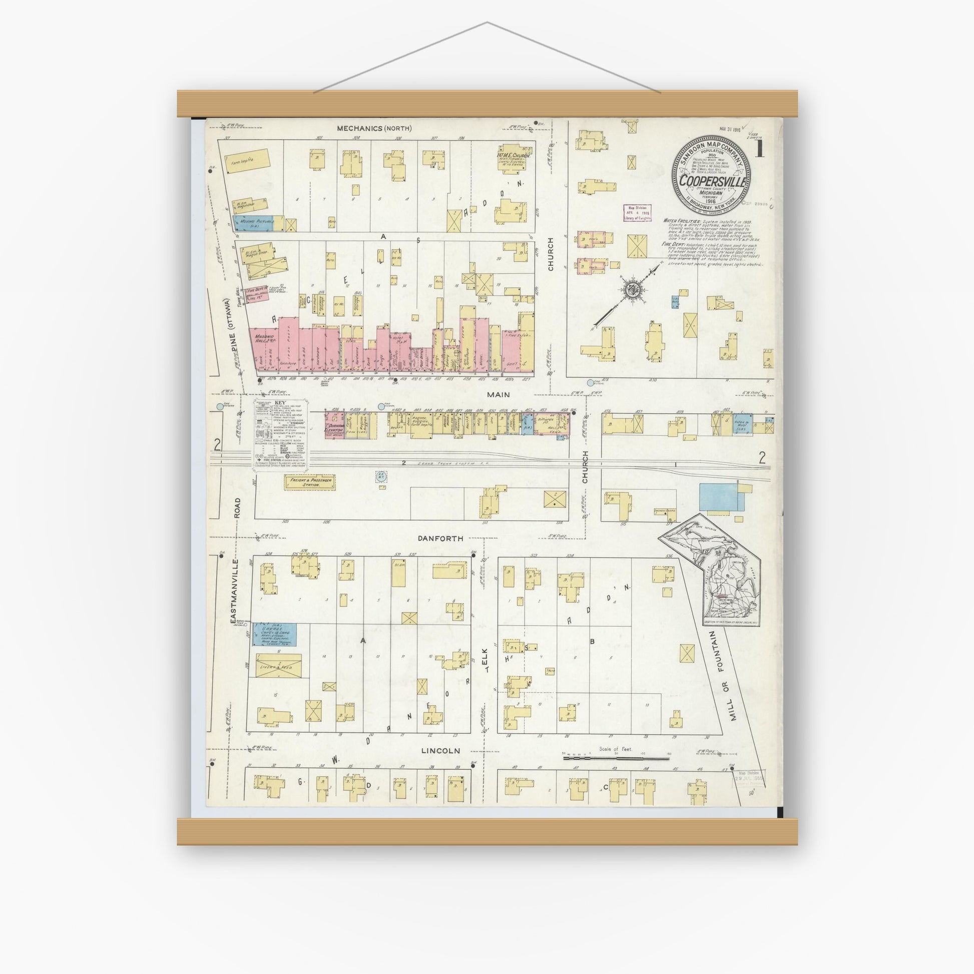 Old map wall art mockup — magnetic wood frame on white wall — Sanborn Fire Insurance Map from Coopersville, Ottawa County, Michigan (1916) - Complete Map Set