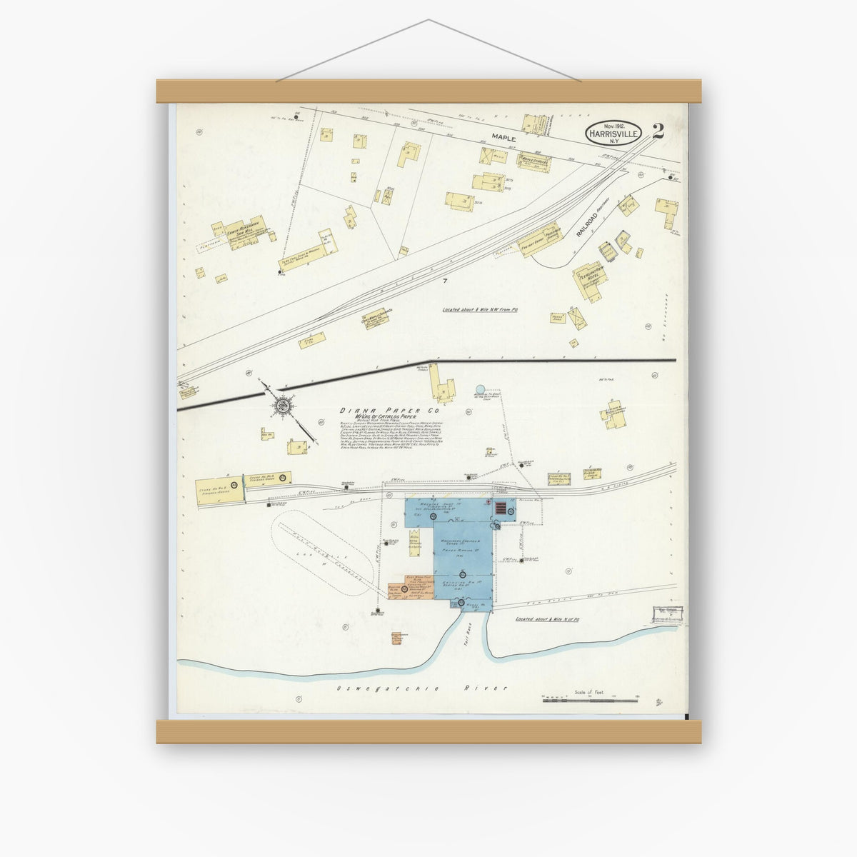Old map wall art mockup — magnetic wood frame on white wall — Sanborn Fire Insurance Map from Harrisville, Lewis County, New York (1912), Sheet #0002